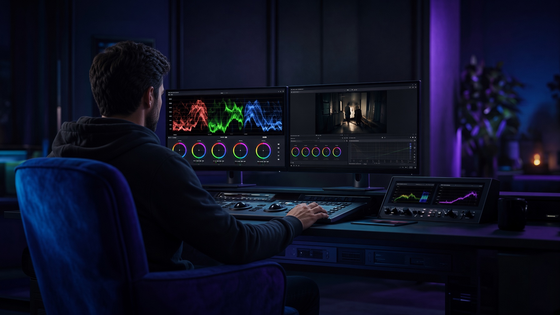 A cinematic color-grading suite